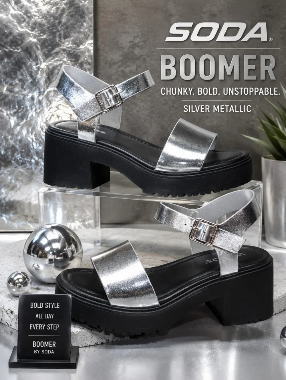 Soda Silver Metallic Chunky Platform Sandal